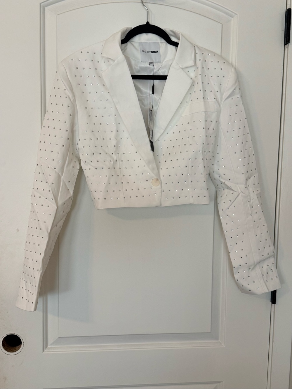 Fashion Nova White Crystal-Studded Cropped Blazer